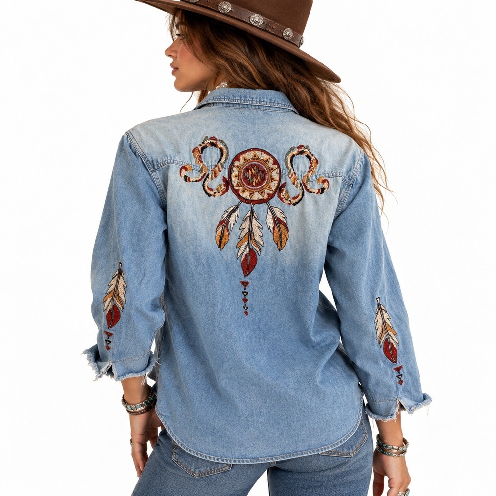 Miss Me Denim Western Shirt Embroider Dreamcatcher sz M Distress Rugged Cowgirl